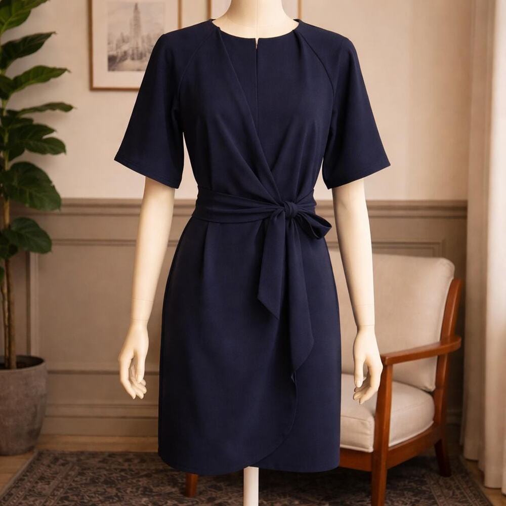 Tahari Plus Size Side-Tie Front -Belted Navy Blue Classy Sexy Dress 16W, - Picture 4 of 16